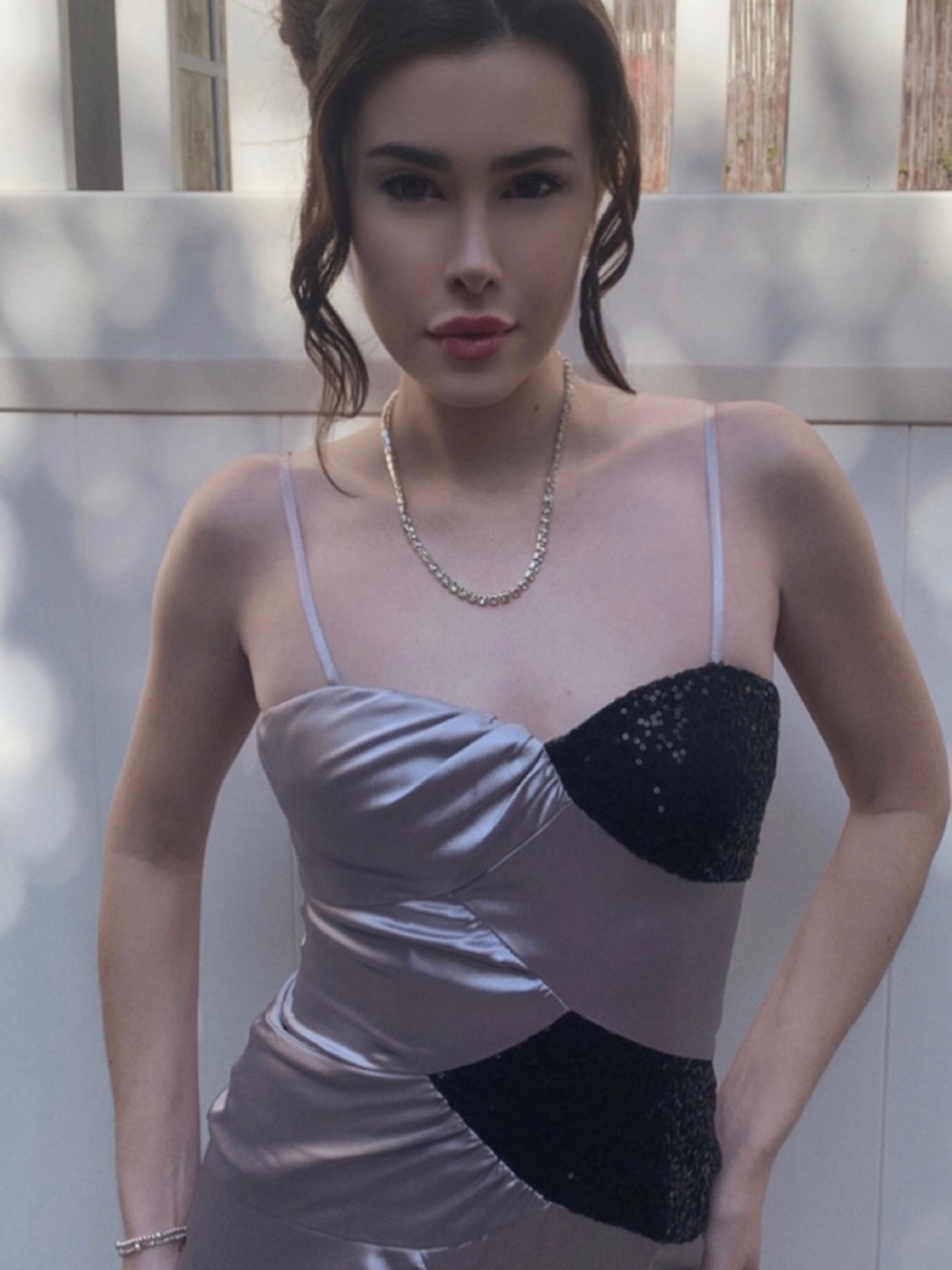 Hailey Logan Lavender Satin Slip Dress with Black Sequin Panels